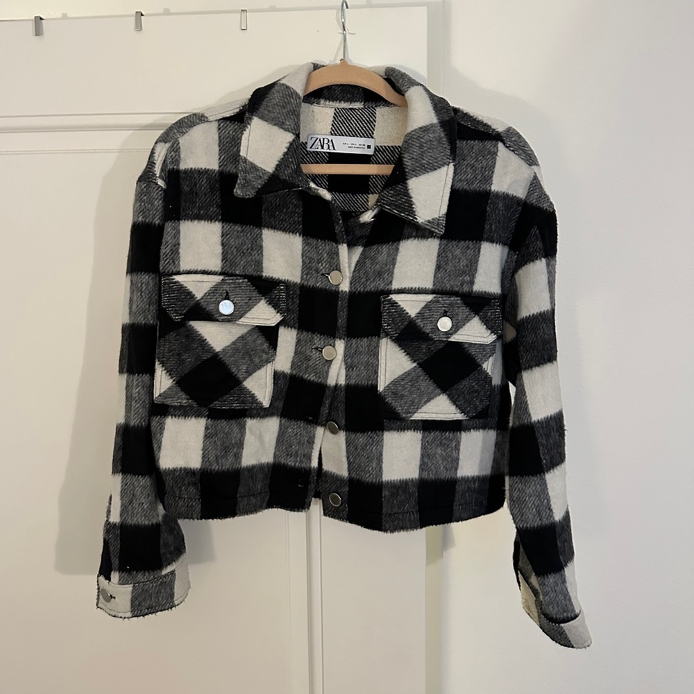 ZARA plaid black white cropped shacket jacket